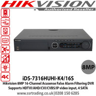 Hikvision 16 Channel 8MP Acusense False Alarm Filtering Hybrid DVR, Supports HDTVI/AHD/CVI/CVBS/IP video input,  4 SATA - iDS-7316HUHI-K4/16S