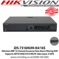 Hikvision iDS-7316HUHI-K4/16S 16 Channel 8MP Acusense False Alarm Filtering Hybrid DVR, Supports HDTVI/AHD/CVI/CVBS/IP video input,  4 SATA 