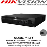 Hikvision - 16 Channel Turbo HD DVR Support H.265 video compression, Support HDTVI/AHD/CVI/CVBS/IP video input, Support POS triggered recording and POS information overlay - DS-9016HTHI-K8