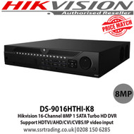 Hikvision DS-9016HTHI-K8 16-Channel Turbo HD DVR Support H.265 video compression, Support HDTVI/AHD/CVI/CVBS/IP video input, Support POS triggered recording and POS information overlay 