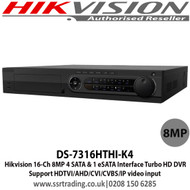 Hikvision - 16 Channel Turbo HD 8MP DVR with 4 SATA interfaces and 1 eSATA interface, Support HDTVI/AHD/CVI/CVBS/IP video input, H.265 video compression, Support POS triggered recording and POS information overlay - DS-7316HTHI-K4