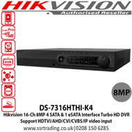 Hikvision 16 Channel Turbo HD 8MP DVR with 4 SATA interfaces and 1 eSATA interface, Support HDTVI/AHD/CVI/CVBS/IP video input, H.265 video compression, Support POS triggered recording and POS information overlay - DS-7316HTHI-K4