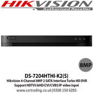 Hikvision - 4 Channel Turbo HD 8MP DVR with 2 SATA Interface, H.265 video compression, HDTVI/AHD/CVI/CVBS/IP video input,  Max. 800 m for 1080p and 1200 m for 720p HDTVI signal transmission, Up to 10 TB capacity per HDD - DS-7204HTHI-K2(S)
