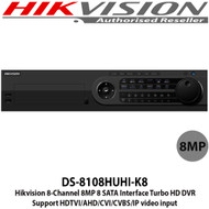 Hikvision DS-8108HUHI-K8 8 Channel Turbo HD 8MP DVR with 8 SATA Interface, H.265 video compression, HDTVI/AHD/CVI/CVBS/IP, Max 800 m for 1080p and 1200 m for 720p HDTVI signal, Support POS triggered recording and POS information overlay 