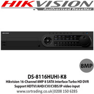 Hikvision - 16 Channel Turbo HD 8MP DVR with 8 SATA Interface, H.265 video compression, HDTVI/AHD/CVI/CVBS/IP, Max 800 m for 1080p and 1200 m for 720p HDTVI signal, Support POS triggered recording and POS information overlay - DS-8116HUHI-K8