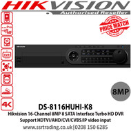 Hikvision DS-8116HUHI-K8 16 Channel Turbo HD 8MP DVR with 8 SATA Interface, H.265 video compression, HDTVI/AHD/CVI/CVBS/IP, Max 800 m for 1080p and 1200 m for 720p HDTVI signal, Support POS triggered recording and POS information overlay 