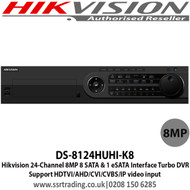 Hikvision - 24 Channel Turbo HD 8MP DVR with 8 SATA interfaces and 1 eSATA interface, HDTVI/AHD/CVI/CVBS/IP, Max 800 m for 1080p and 1200 m for 720p HDTVI signal, Support POS triggered recording and POS information overlay - DS-8124HUHI-K8