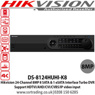 Hikvision 24 Channel Turbo HD 8MP DVR with 8 SATA interfaces and 1 eSATA interface, HDTVI/AHD/CVI/CVBS/IP, Max 800 m for 1080p and 1200 m for 720p HDTVI signal, Support POS triggered recording and POS information overlay - DS-8124HUHI-K8