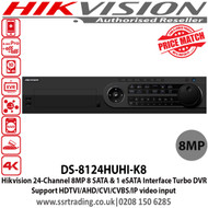 Hikvision DS-8124HUHI-K8 24 Channel Turbo HD 8MP DVR with 8 SATA interfaces and 1 eSATA interface, HDTVI/AHD/CVI/CVBS/IP, Max 800 m for 1080p and 1200 m for 720p HDTVI signal, Support POS triggered recording and POS information overlay 