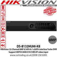Hikvision DS-8132HUHI-K8 32 Channel Turbo HD 8MP DVR with 8 SATA interfaces and 1 eSATA interface, HDTVI/AHD/CVI/CVBS/IP, Max 800 m for 1080p and 1200 m for 720p HDTVI signal, Support POS triggered recording and POS information overlay 