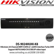 Hikvision - 24 Channel Turbo HD 8MP DVR with 8 SATA interfaces and 1 eSATA interface, H.265 video compression, Max 800 m for 1080p and 1200 m for 720p HDTVI signal, Support POS triggered recording and POS information overlay - DS-9024HUHI-K8