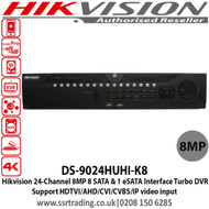Hikvision 24 Channel Turbo HD 8MP DVR with 8 SATA interfaces and 1 eSATA interface, H.265 video compression, Max 800 m for 1080p and 1200 m for 720p HDTVI signal, Support POS triggered recording and POS information overlay - DS-9024HUHI-K8