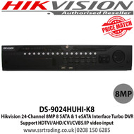 Hikvision DS-9024HUHI-K8 24 Channel Turbo HD 8MP DVR with 8 SATA interfaces and 1 eSATA interface, H.265 video compression, Max 800 m for 1080p and 1200 m for 720p HDTVI signal, Support POS triggered recording and POS information overlay 