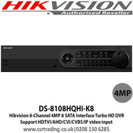 Hikvision - 8 Channel Turbo HD 4MP DVR with 4 SATA interface, H.265 video compression, Support HDTVI/AHD/CVI/CVBS/IP video input, Max 800 m for 1080p and 1200 m for 720p HDTVI signal - DS-8108HQHI-K8
