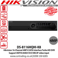 Hikvision DS-8116HQHI-K8 16 Channel Turbo HD 4MP DVR with 4 SATA interface, H.265 video compression, Support HDTVI/AHD/CVI/CVBS/IP video input, Max 800 m for 1080p and 1200 m for 720p HDTVI signal 