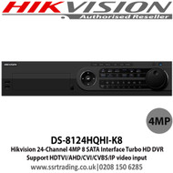 Hikvision - 24 Channel Turbo HD 4MP DVR with 4 SATA interface, H.265 video compression, Support HDTVI/AHD/CVI/CVBS/IP video input, Max 800 m for 1080p and 1200 m for 720p HDTVI signal - DS-8124HQHI-K8