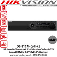 Hikvision 24 Channel Turbo HD 4MP DVR with 4 SATA interface, H.265 video compression, Support HDTVI/AHD/CVI/CVBS/IP video input, Max 800 m for 1080p and 1200 m for 720p HDTVI signal - DS-8124HQHI-K8