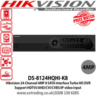 Hikvision DS-8124HQHI-K8 24 Channel Turbo HD 4MP DVR with 4 SATA interface, H.265 video compression, Support HDTVI/AHD/CVI/CVBS/IP video input, Max 800 m for 1080p and 1200 m for 720p HDTVI signal 