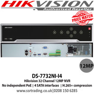 Hikvision 32 Channel 12MP NVR with 4 SATA HDD interface up to 6TB each, Push notification,  No PoE - DS-7732NI-I4