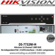 Hikvision DS-7732NI-I4 32 Channel 12MP NVR with 4 SATA HDD interface up to 6TB each, Push notification,  No PoE