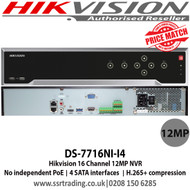 Hikvision 16 Channel 12MP NVR with 4 SATA HDD interface up to 4TB each, Push notification,  No PoE - DS-7716NI-I4