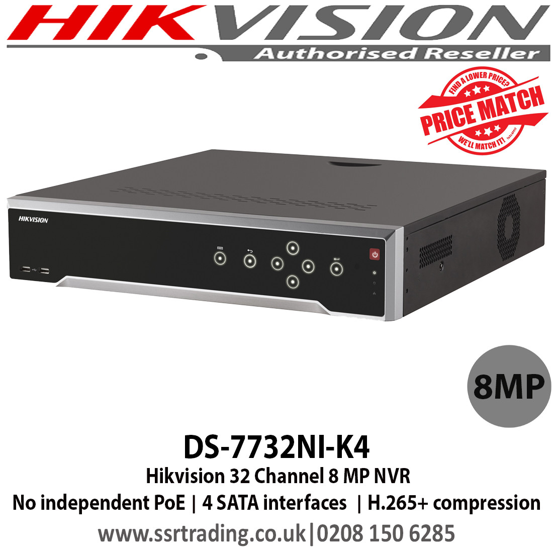 Hikvision 32 Channel 8 MP NVR with 4 SATA interfaces, H.265 Video