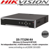 Hikvision DS-7732NI-K4 32 Channel 8 MP NVR with 4 SATA interfaces, H.265 Video Compression, VCA detection alarm is supported, No PoE 