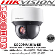 Hikvision 4MP 25× Network IR PTZ Camera with 1/2.5" progressive scan CMOS, 25× optical zoom, 16× digital zoom, 120 dB WDR, 3D DNR, HLC, BLC, Support H.265+/H.265 video compression, Up to 50 m IR distance - DS-2DE4A425IW-DE
