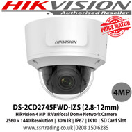 Hikvision DS-2CD2745FWD-IZS 4MP IR Varifocal Dome Network Camera with 2.8 to 12 mm motorized varifocal lens, 30m IR, IP67, IK10, 120dB WDR, Built-in microSD/SDHC/SDXC card slot, up to 128 GB