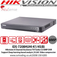 Hikvision IDS-7208HUHI-K1/4S(B) 8 Channel AcuSense TVI Turbo 5.0 8MP DVR, Connectable to HD-TVI, AHD, IP, CVI & analogue cameras 