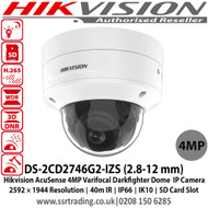Hikvision 4 MP AcuSense IR Varifocal Lens Dome Network IP Camera with 2.8 - 12mm motorized varifocal lens, Up to 40m IR distance, Darkfighter for Ultra Low Light, IP66 weatherproof, Audio line in & alarm I/O, IK10 - DS-2CD2746G2-IZS