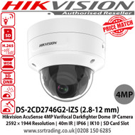 Hikvision DS-2CD2746G2-IZS 4MP AcuSense IR Varifocal Lens Dome Network IP Camera with 2.8 - 12mm motorized varifocal lens, Up to 40m IR distance, Darkfighter for Ultra Low Light, IP66 weatherproof, Audio line in & alarm I/O, IK10 