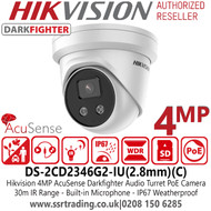 Hikvision DS-2CD2346G2-IU (2.8MM) 4MP AcuSense IR Fixed Lens DarkFighter Turret Network Camera with 2.8mm fixed lens, Darkfighter for Ultra Low Light, 30m IR distance, Built-in microphone, Supports on board storage (up to 128GB) 