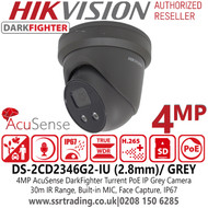 Hikvision DS-2CD2346G2-IU/Grey (2.8MM) 4MP AcuSense IR Fixed Lens DarkFighter Turret Network IP Camera with 2.8mm fixed lens, Darkfighter for Ultra Low Light, 30m IR distance, Built-in microphone, Supports on board storage (up to 128GB) 