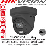 Hikvision DS-2CD2347G1-LU(2.8mm)/GREY 4MP ColorVu Fixed lens Turret Network Camera with 2.8mm fixed lens, Up to 30m Visable light, IP66 weatherproof, Full time colour, Built-in mic, Supports on board storage (up to 128GB) 