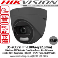 Hikvision 5 MP fixed lens colourVu 4-in-1 turret camera with, 2.8mm fixed lens, Full time colour, OSD menu, Up to 20m white light distance, IP67 weatherproof, 130dB wide dynamic range - DS-2CE72HFT-F28(2.8mm)/GREY