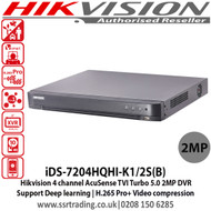 Hikvision iDS-7204HQHI-K1/2S(B) 4 channel AcuSense TVI Turbo 5.0 2MP DVR with Connectable to HD-TVI, AHD, IP, CVI & analogue cameras, Up to 4ch 2MP ONVIF conformant IP cameras input, HDMI & VGA output at up to (1920 x 1080)