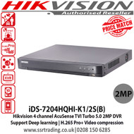 Hikvision AcuSense DVR iDS-7204HQHI-K1/2S(B) 4 channel TVI Turbo 5.0 2MP DVR with Connectable to HD-TVI, AHD, IP, CVI & analogue cameras, Up to 4ch 2MP ONVIF conformant IP cameras input, HDMI & VGA output at up to (1920 x 1080)