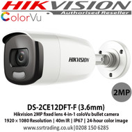 Hikvision DS-2CE12DFT-F 2 MP fixed lens colorVu bullet camera with 3.6mm fixed lens, Up to 40m white light distance, IP67 weatherproof, Full time colour, 4 in 1, can be used as TVI, CVI, AHD or Analogue camera 