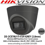 Hikvision DS-2CE78U1T-IT3F/GREY 8MP fixed lens turret camera with 8MP high resolution (4K), 2.8mm fixed lens, Up to 60m IR distance, IP67 weatherproof, 4 in 1, can be used as TVI, CVI, AHD or Analogue camera