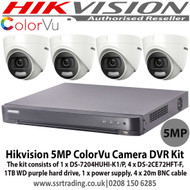Hikvision 5MP DS-2CE72HFT-F (3.6mm) colorVu camera surveillance system kit with 1 x 4 channel TVI Turbo 4.0 PoC 5MP DVR DS-7204HUHI-K1/P, 1TB WD Purple Hard Drive 