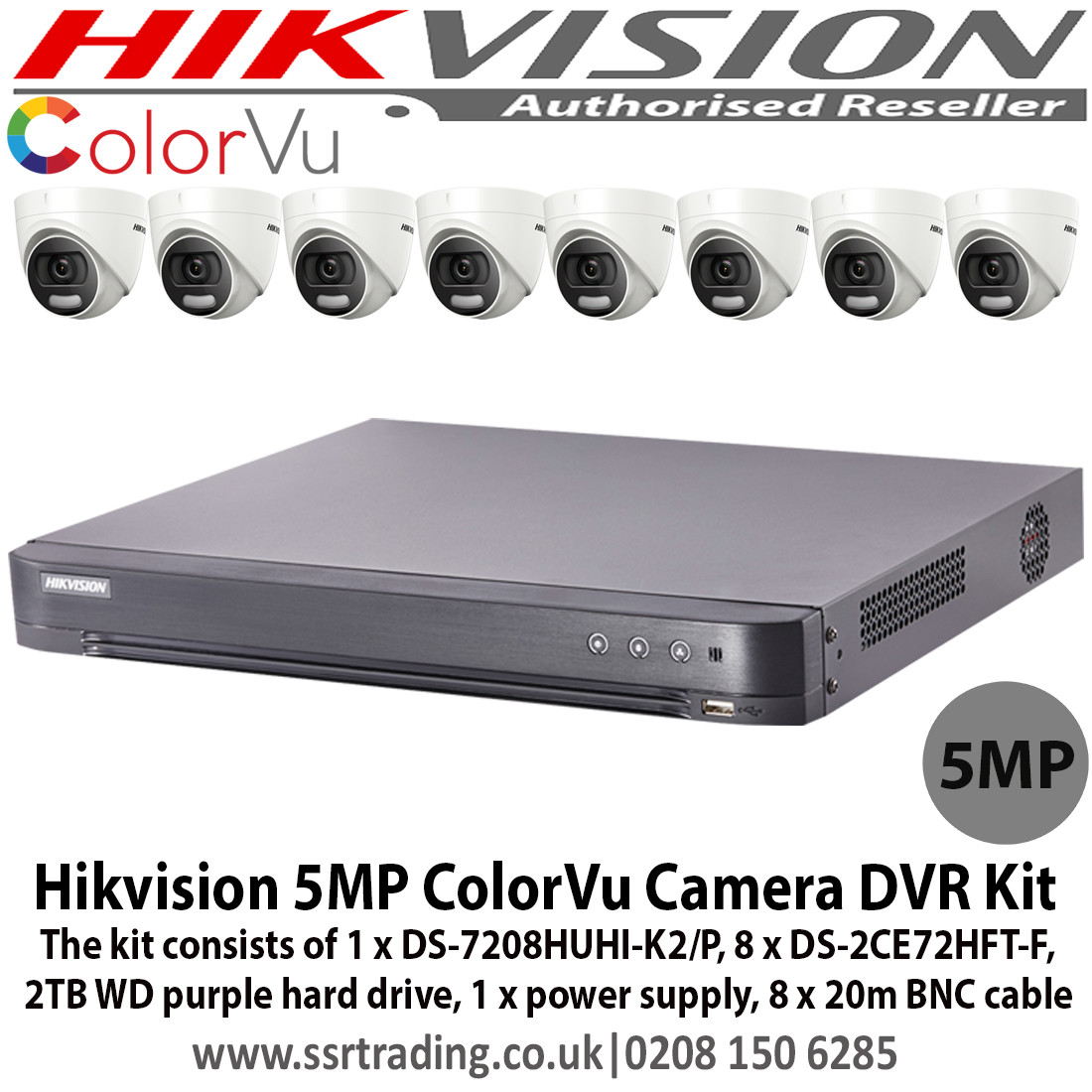 Hikvision 5MP colorVu camera surveillance system kit with 1 x 8 channel TVI Turbo 4.0 PoC 5MP DVR, 2TB WD surveillance hard drive (DS-7208HUHI-K2/P & DS-2CE72HFT-F (3.6mm)')