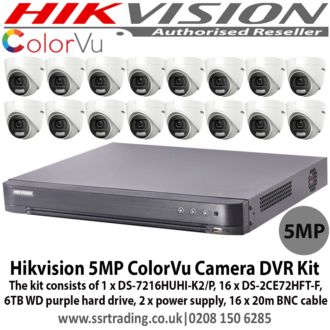 Hikvision 5MP colorVu surveillance system kit with 1 x 16 channel TVI Turbo 4.0 PoC 5MP DVR, 6TB WD Purple surveillance hard drive (DS-7216HUHI-K2/P & DS-2CE72HFT-F (3.6mm))