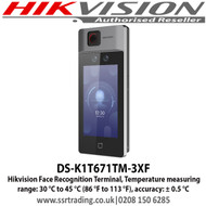 Hikvision Face Recognition Terminal, Recognition distance: 0.5 to 1.5 m, Temperature measuring range: 30 °C to 45 °C (86 °F to 113 °F), accuracy: ± 0.5 °C  (DS-K1T671TM-3XF)