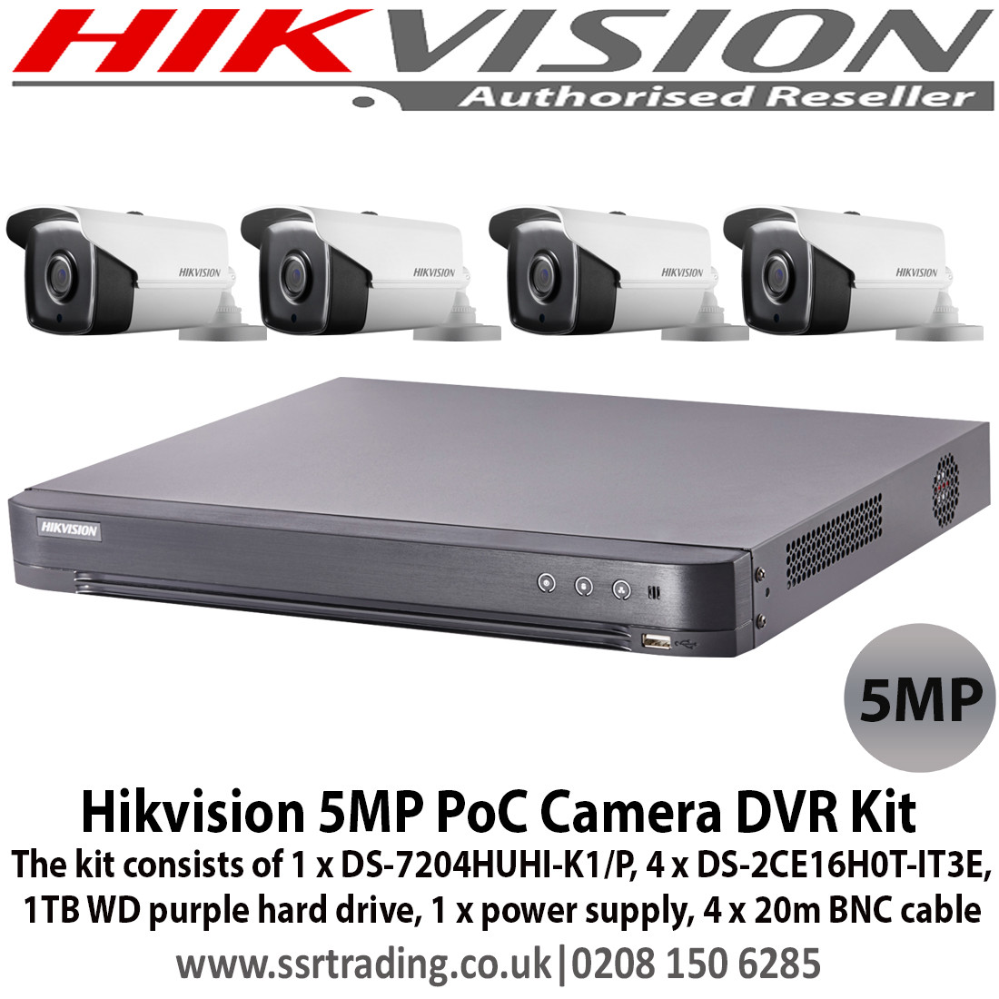 Hikvision - 5MP PoC 4 CCTV Camera & 4Channel HUHI DVR Kit (All Accessories) with 2TB WD Purple Hard (DS-7204HUHI-K1/P DS-2CE16H0T-IT3E (3.6mm)+2TB
