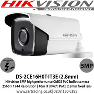 Hikvision 5MP 2.8mm Fixed Lens 40m Smart IR IP67 Outdoor PoC Bullet Camera - DS-2CE16H0T-IT3E (2.8mm)