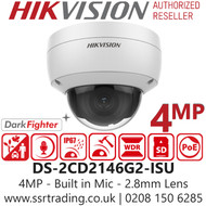 Hikvision 4MP AcuSense IR 2.8mm Fixed Lens Darkfighter Dome Network Camera, 30m IR, built-in microphone, IP67 IK 10, Built-in micro SD slot, up to 256 GB - DS-2CD2146G2-ISU(2.8mm)