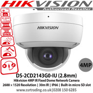 Hikvision 4MP IR Fixed Dome Network Camera with 2.8mm lens, IR range: Up to 30 m, p to 30 m, IP66, IK10, Built-in micro SD/SDHC/SDXC card slot, Built-in microphone - DS-2CD2143G0-IU