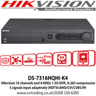 Hikvision 16 channels and 4 HDDs 1.5U 3MP DVR, H.265 compression 5 signals input adaptively (HDTVI/AHD/CVI/CVBS/IP) - DS-7316HQHI-K4  