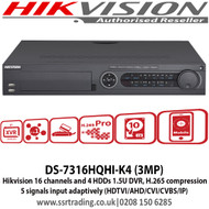 Hikvision DS-7316HQHI-K4 16 channels and 4 HDDs 1.5U 3MP DVR, H.265 compression 5 signals input adaptively (HDTVI/AHD/CVI/CVBS/IP)  